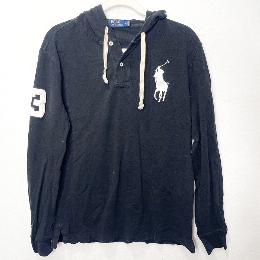 Polo Ralph Lauren Men’s Mesh Long Sleeve Hooded Shirt Black Big Pony Medium - Picture 2 of 8